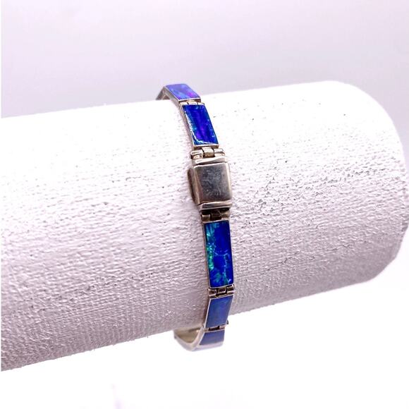 Taxco Mexico Sterling Silver Bracelet With Inlaid Fire Blue Opal Panels 7” - Picture 8 of 9
